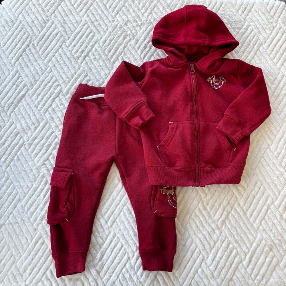 True Religion Toddler 2T Red Fleece Tracksuit Set Hoodie Cargo Sweatpants